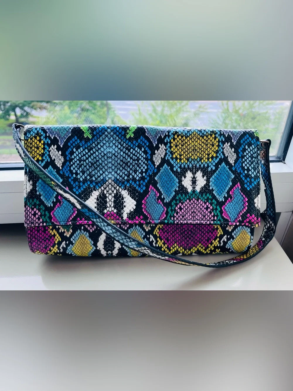Colorful Snakeskin-Pattern Clutch with Removable Shoulder Bag Strap Vegan